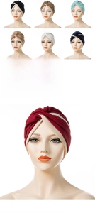 Detail view of double-colored crisscross turban hats in eight stylish assorted colors