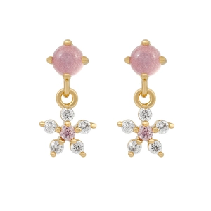 Close-up of pink and gold floral dangle earrings with sparkling zircon gemstones