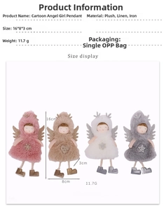 Detailed size specifications for plush angel girl Christmas tree pendants in four colors