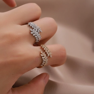 Leaf Adjustable Open Ring Copper With Sparkling Cubic Zirconia Olive Branch Jewelry For Women Elegant Stylish Gift