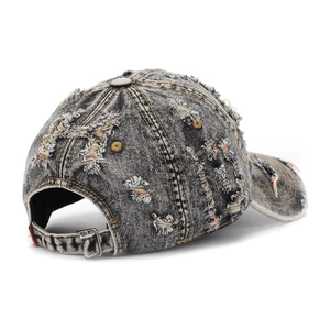 Distressed grey denim baseball cap with frayed details and adjustable strap back