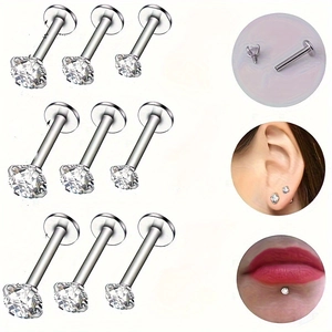 9-piece set of stainless steel labret studs with clear cubic zirconia in flat back design