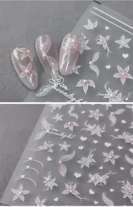 Macro detail of 5D floral nail stickers with white flowers and faux pearl embellishments