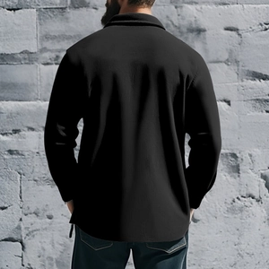 Rear view of a men's slim fit thermal jacket with lapel collar in black casual style