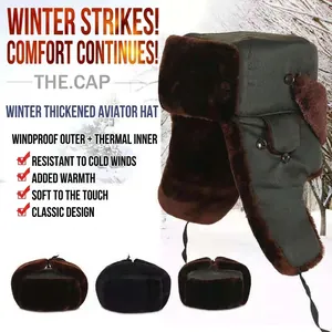 Winter thermal trapper hat with ear flaps in dark green and brown fleece lining