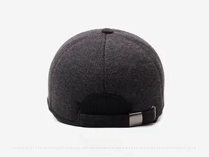 Rear view of winter baseball cap with metal adjustment buckle and thick textured fabric