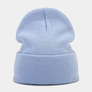 Detailed view of light blue ribbed knit beanie with soft elastic texture and folded cuff