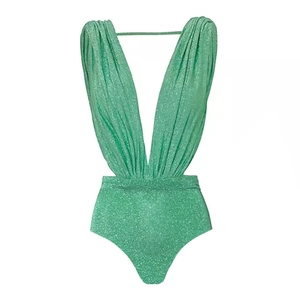 Detailed view of dark green shimmering fabric with plunging V-neckline and shoulder pleats
