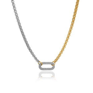 Two-tone 18k gold and silver plated titanium steel chain necklace with micro-pave U-pendant