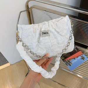 Women Ruched Pleated Underarm Bag Nylon Fabric With Flower Metal Chain Fashion Casual Shoulder Bag For Daily Use