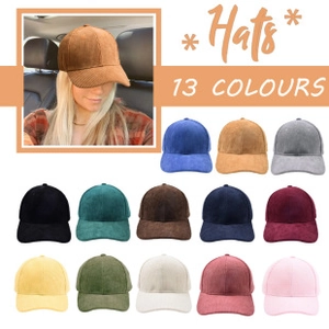 Collage of corduroy baseball caps in 13 colors and lifestyle photo of woman wearing the hat