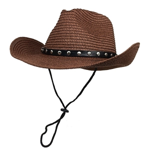 Dark brown straw western cowboy hat with studded leather band and adjustable chin strap