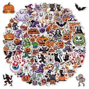 Vibrant laser Halloween stickers featuring pumpkin, ghost, and cat for gift decoration