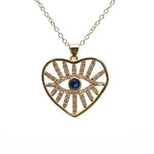 Golden heart necklace with blue evil eye pendant and micro-set cubic zirconia on white