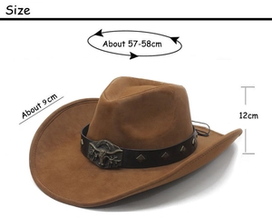 Detail of a brown cowboy hat featuring a bull head metal ornament and size measurements
