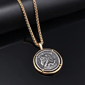 Saint Michael angel religious pendant necklace with gold chain on luxury black background