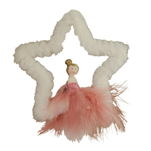 Plush white star frame ornament with a pink feather fairy ballerina for Christmas decor