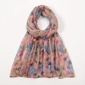 Floral voile scarf with pink and blue flower prints on beige background for women
