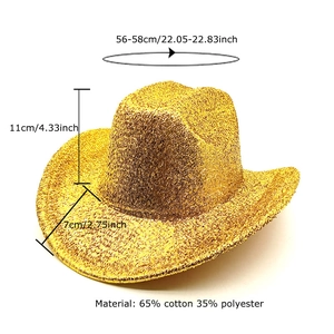 Gold glitter cowboy hat for parties, cotton-polyester blend with 56-58cm brim size