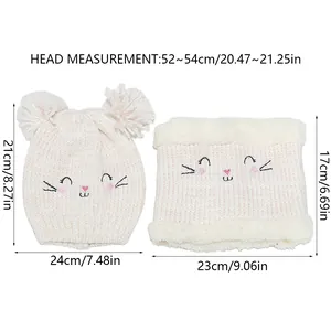 Size guide for kids knitted hat and neck warmer set showing head circumference and dimensions