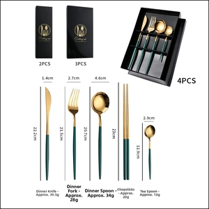 Detailed size chart for stainless steel cutlery set with dimensions and weights
