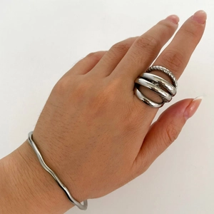 Polished silver stainless steel layered ring and wavy bracelet set for women