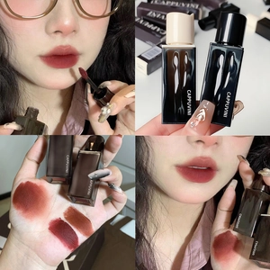 Deep red brown velvet lip glaze with mirror matte finish shown in four multi-angle views