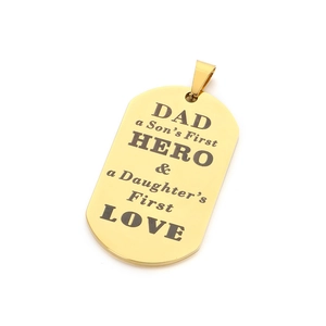Gold military dog tag pendant with Dad Hero quote in polished stainless steel finish