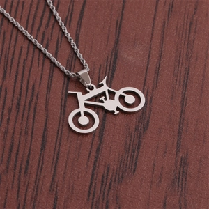 Detailed view of silver stainless steel bicycle pendant with a twisted rope chain