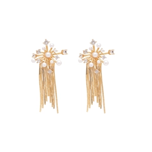 Elegant gold fireworks tassel earrings with pearls and zircons on a white background