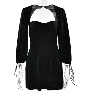 Elegant black velvet mini dress with lantern sleeves and sexy cutout sweetheart neckline