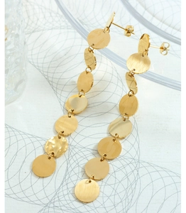 Detailed close-up of golden multi-layer matte disc earrings with titanium steel texture