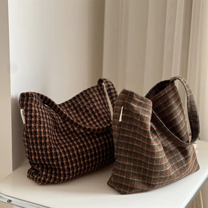 Retro plaid woolen shoulder bags in brown houndstooth and green striped patterns