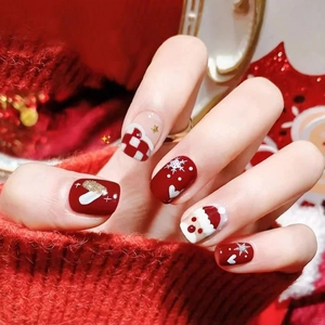 Christmas Press On Nails Short Square Santa Claus Snowflake Heart Checkerboard Glitter Red White Glossy False Finger Nails For Women