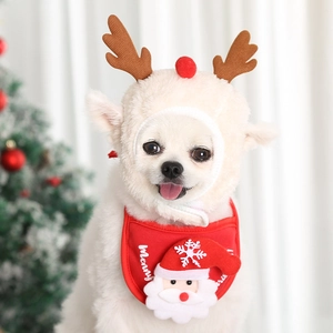 Detail of pet Christmas costume with plush reindeer hat and red Santa bib on a small dog