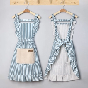 Blue striped waterproof apron with ruffle trim and large front pocket, front and back view