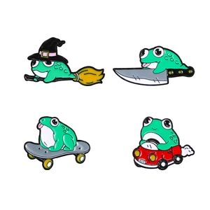 Set of four creative cartoon green frog enamel pins made of durable painted metal