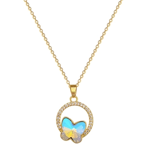 Titanium steel gold necklace with sparkling circular frame and gradient butterfly pendant