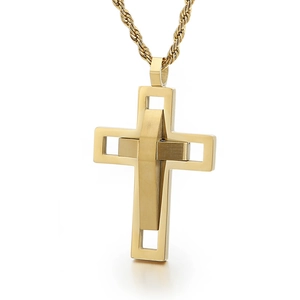 Men's hip hop gold double-layer hollow cross pendant necklace on a white background