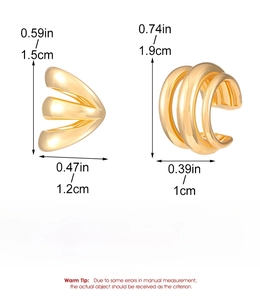 Detailed size specifications for triple-layered gold copper ear cuffs with measurements