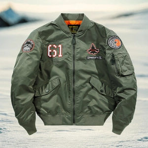 Men Nylon MA-1 Bomber Jacket Windproof Military Flight Tactical Coat With Embroidery Badges And Contrast Orange Lining