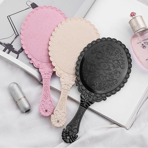 Vintage Handheld Makeup Mirror With Handle ABS Plastic Frame Embossed Floral Pattern European Retro Vanity Cosmetic Mirror