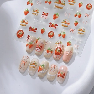 Strawberry Bow 3D Relief Nail Stickers Self Adhesive Embossed Decals Sweet Girl Style Manicure Decoration