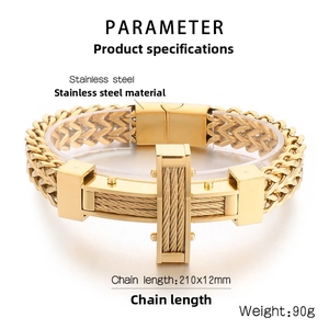 Detail shot of golden stainless steel cross bracelet with double wheat chain design