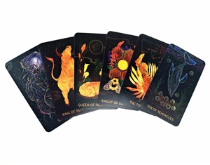 Fan display of Sea Soul Journey Oracle cards with intricate animal and pentacle illustrations