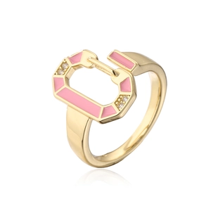 Bohemian 18K gold plated ring with pink enamel and sparkling crystals on white base