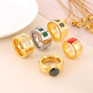 Chunky Wide Band Ring Stainless Steel Cubic Zirconia Inlaid Geometric Square Stone Luxury Fashion Jewelry For Women