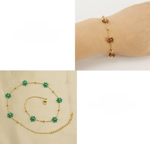 Detailed close-up of titanium steel flower charm bracelets in brown and green colors