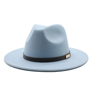 Close-up of light blue wool fedora hat featuring a black band and gold metal buckle