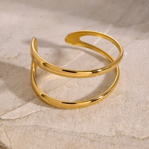 Bracelet jonc ouvert double couche en acier inoxydable plaqué or 18k poli moderne